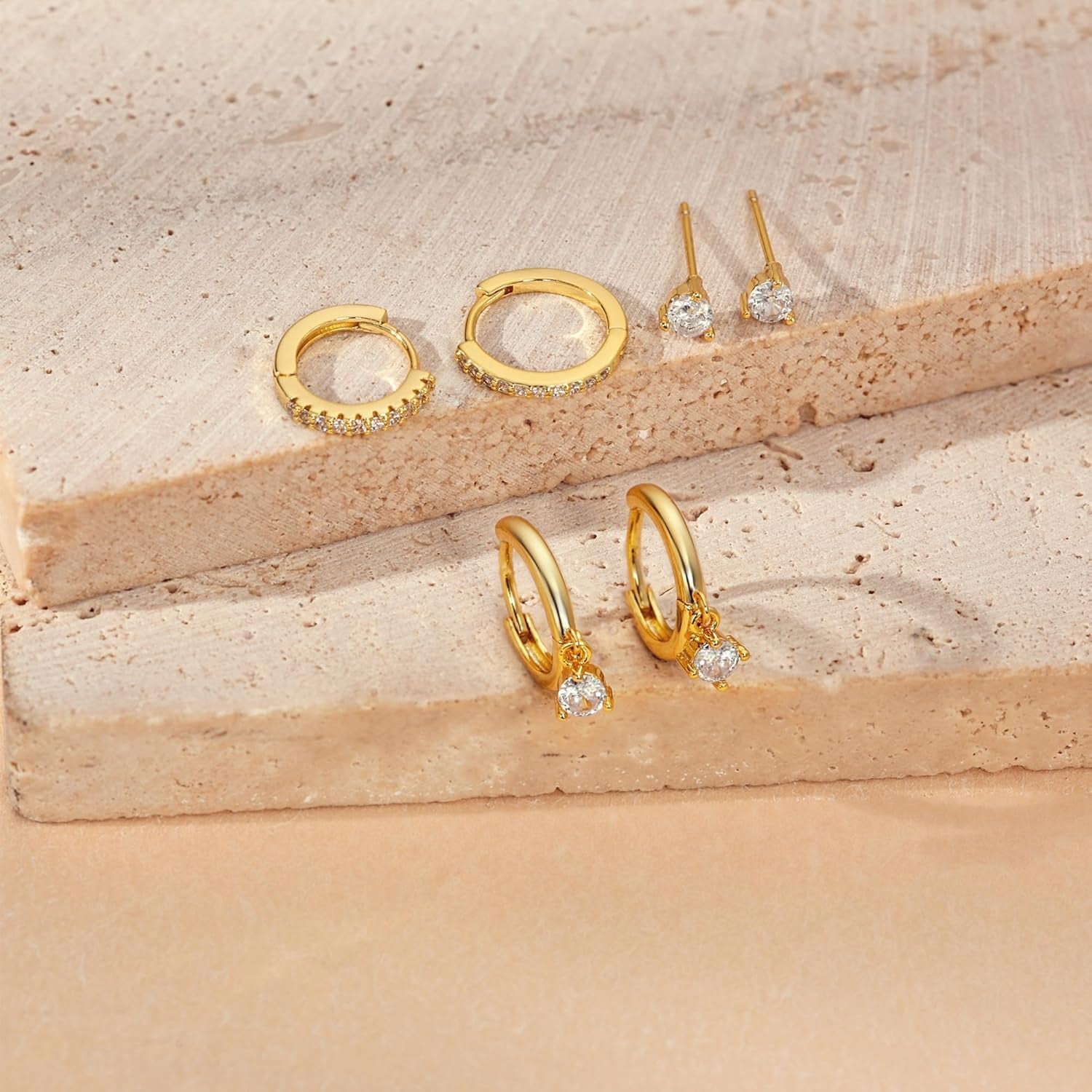 3 Pairs 14K Gold Plated Hoop Earrings