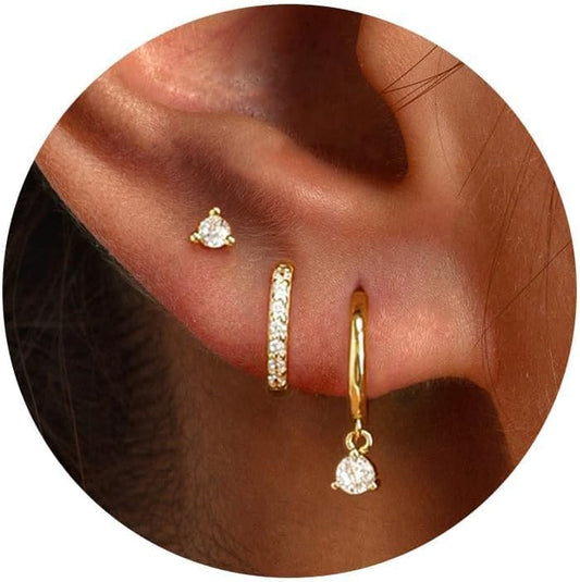 3 Pairs 14K Gold Plated Hoop Earrings
