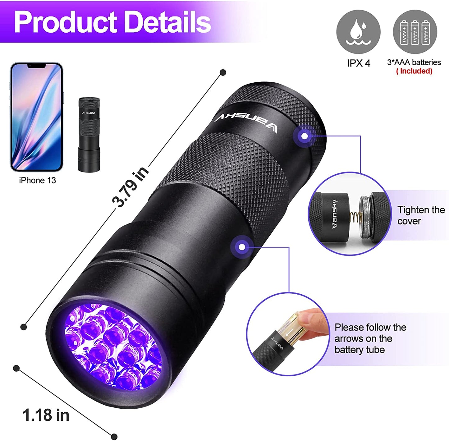 Black Light UV Flashlight Pet Detector