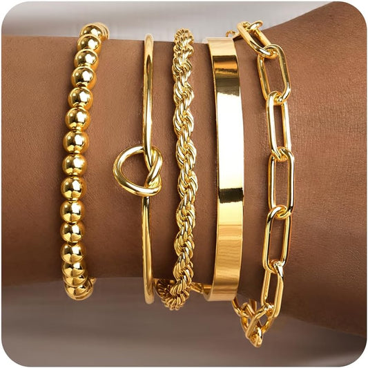 14K Gold Plated Chunky Cuff Bracelet Set