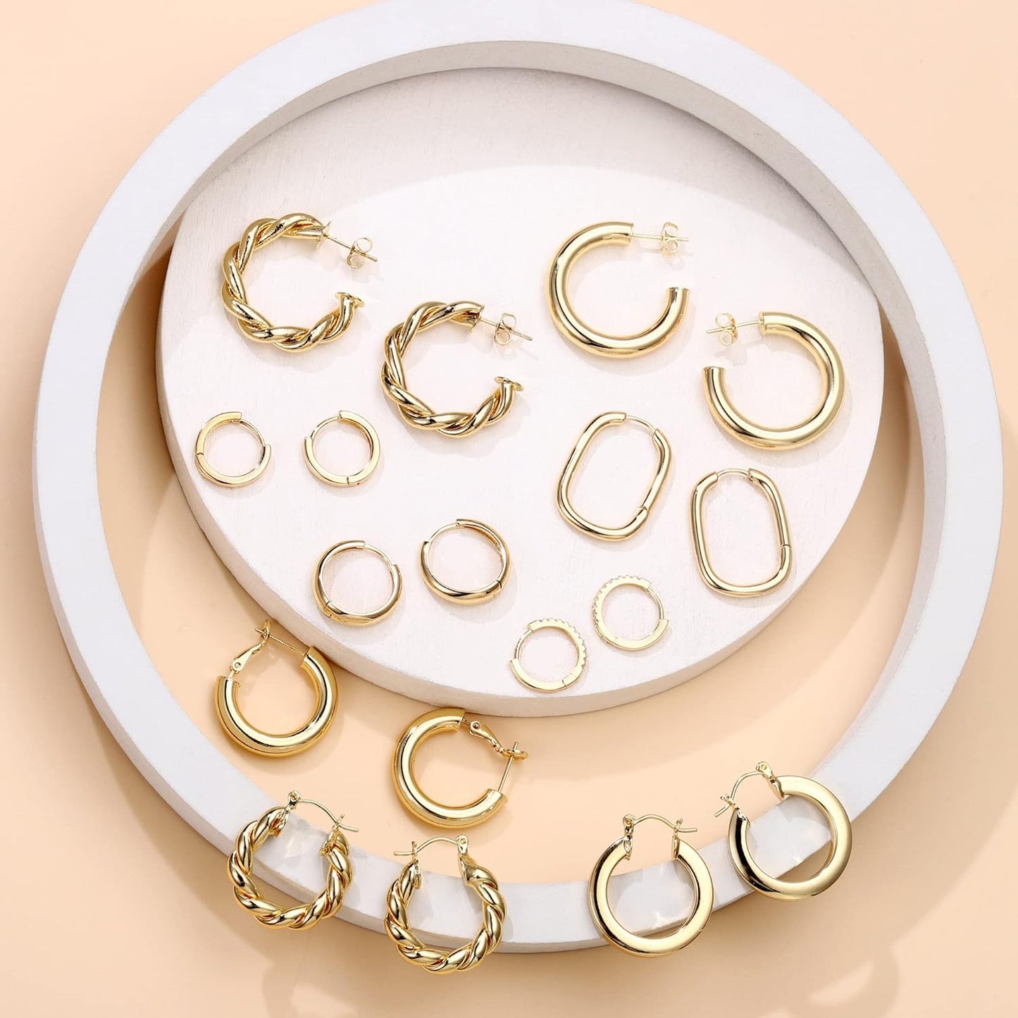 9 Pairs 14K Gold Plated Hoop Earrings