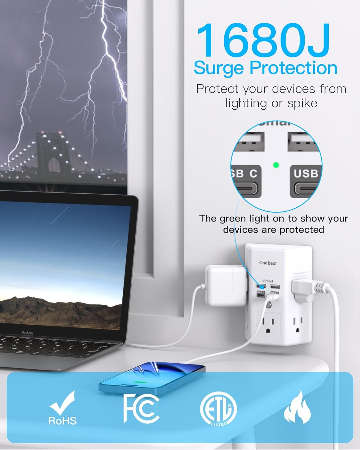 3-Side Power Strip w/ USB C Ports