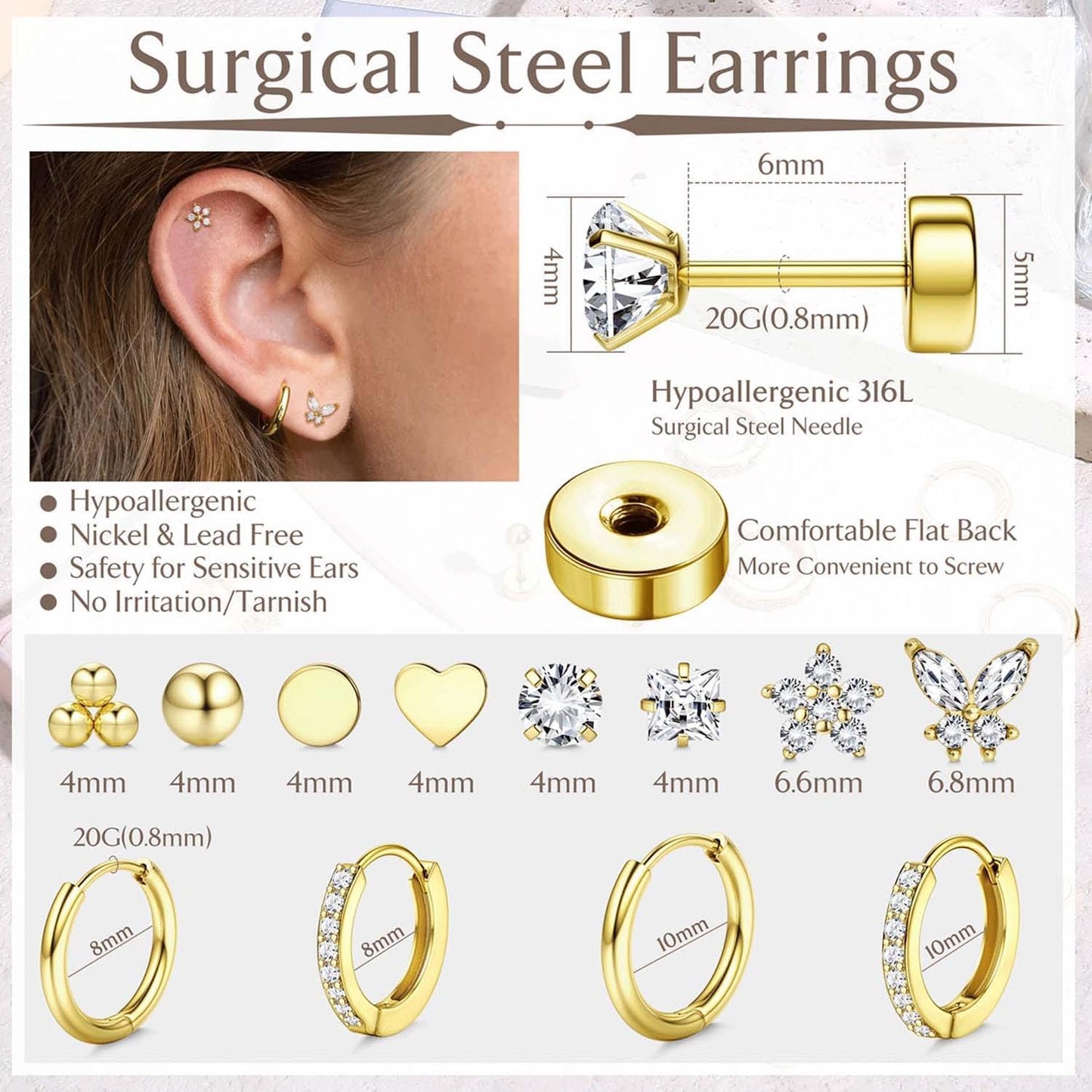 14K Gold Plated Hypoallergenic Flat Back
