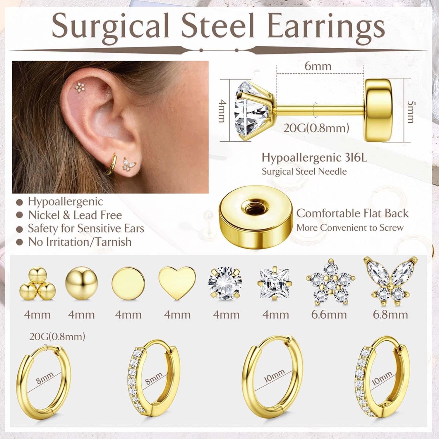 14K Gold Plated Hypoallergenic Flat Back