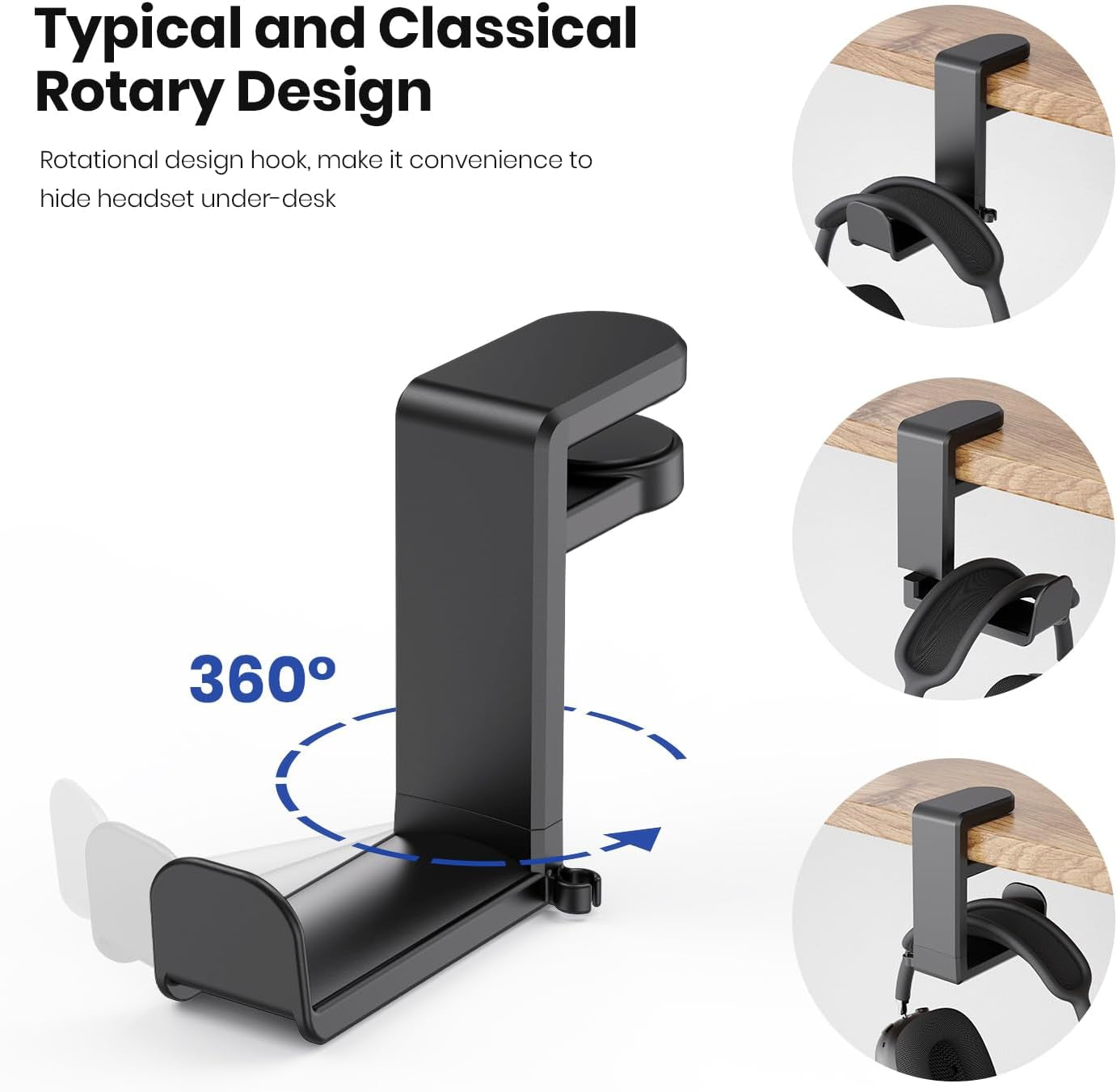 Rotating Under Desk Headphone Stand Black