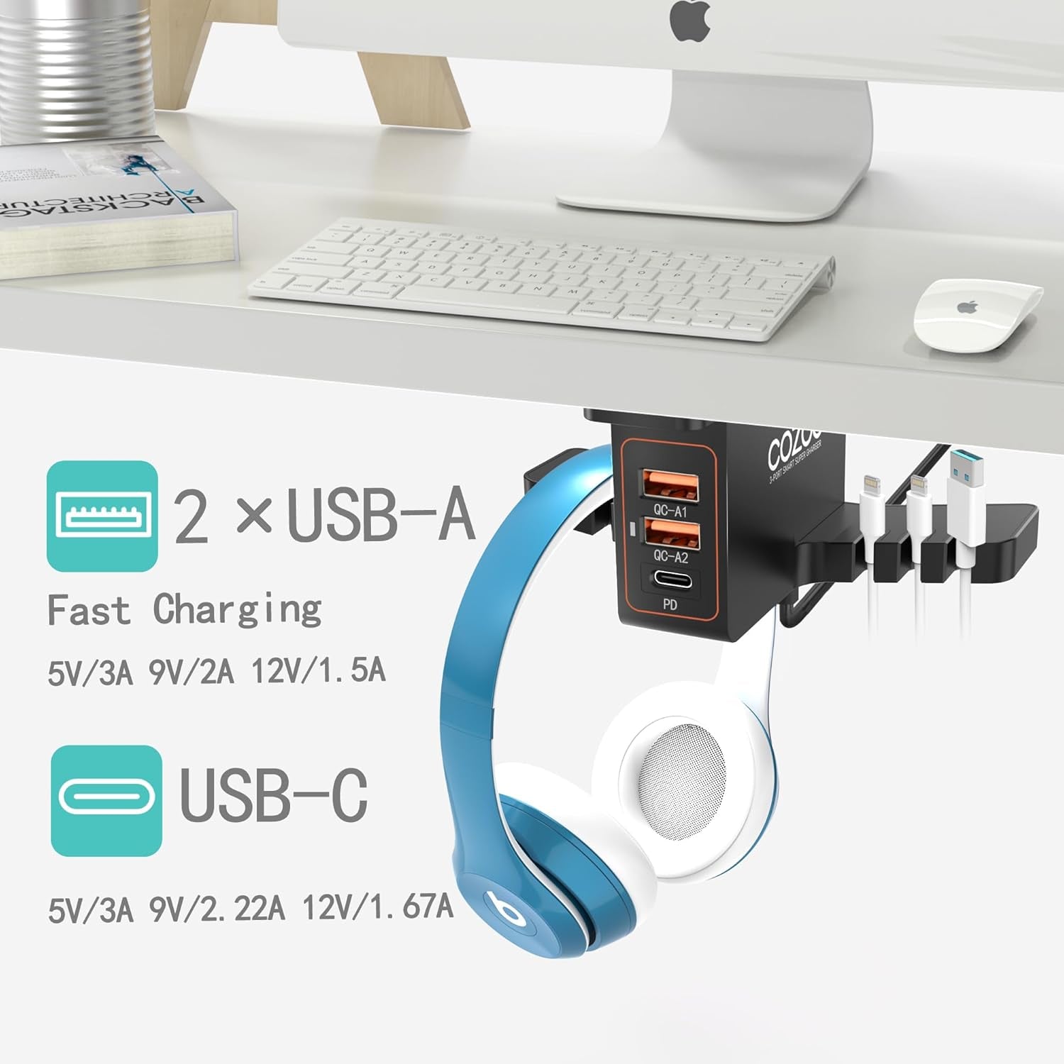 Under Desk Headphone Stand w/ USB Hub