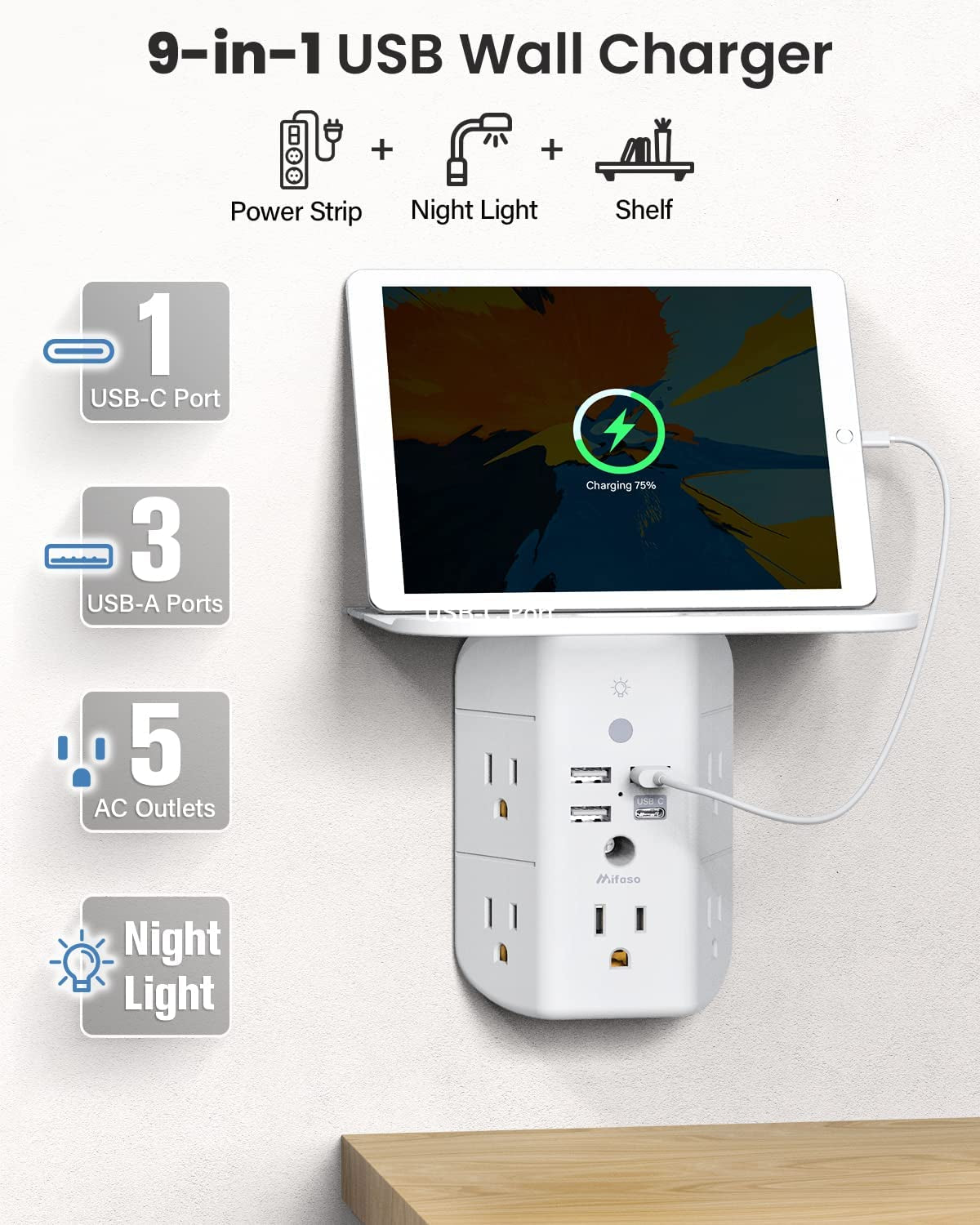 3-Sided Power Strip w/ Shelf & USB