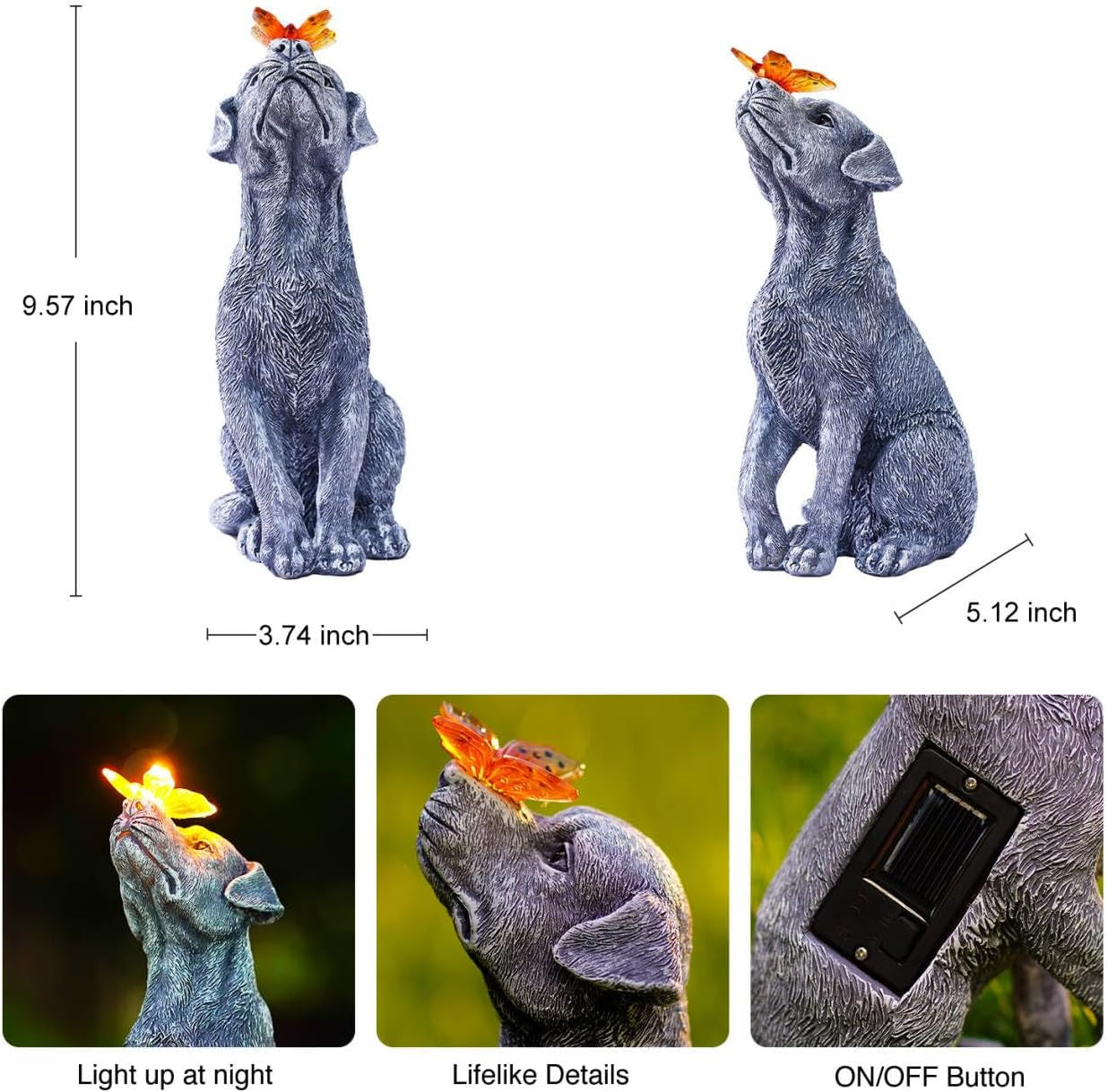 Solar Dog Statue with Butterfly Decor