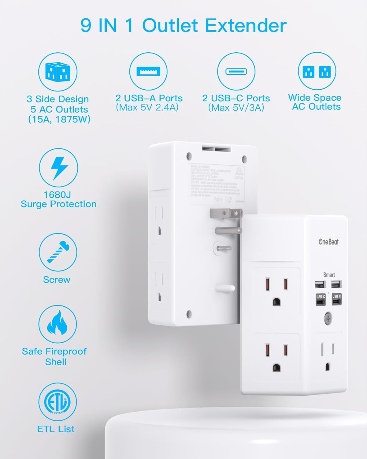 3-Side Power Strip w/ USB C Ports