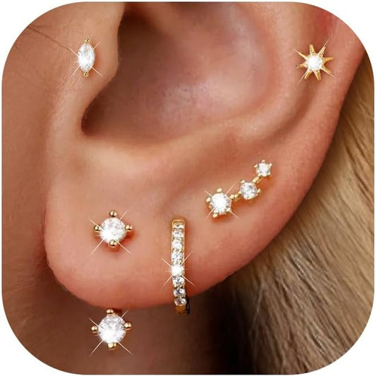 6 Pairs 14K Gold Plated Stud Earrings