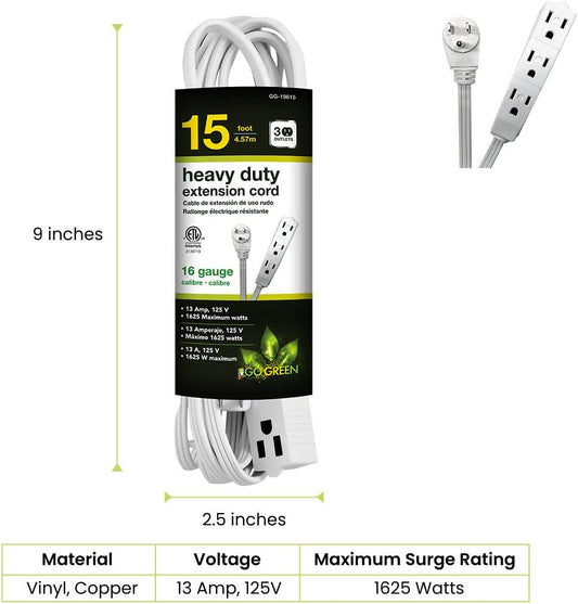 15Ft Extension Cord with 3 Outlets, White - Compact, Flush-Fit Design, Heavy Duty, Grounded Plug - Ideal for Home & Small Appliances - GG-19615