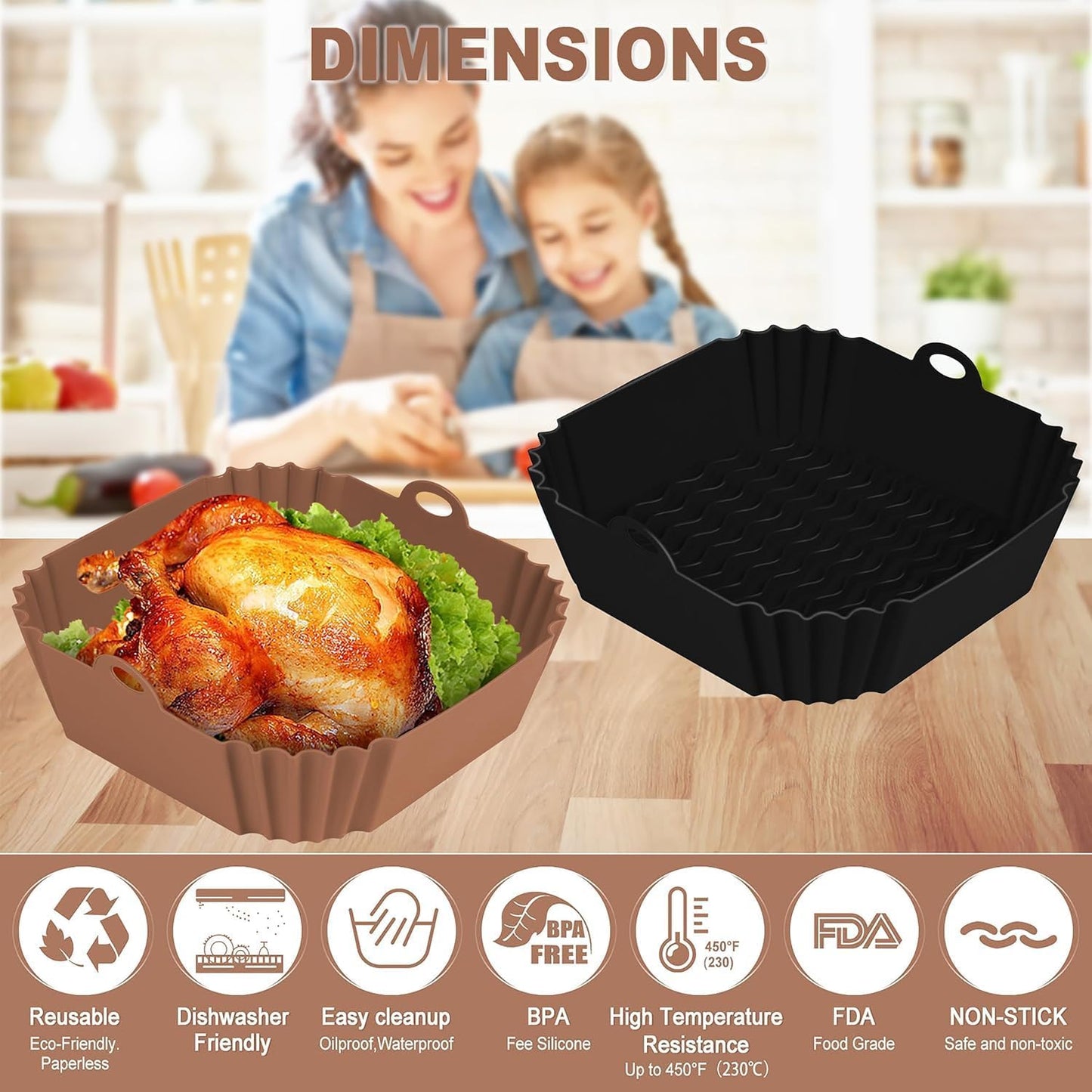 2 PCS Square Silicone Air Fryer Liners - 8 Inch