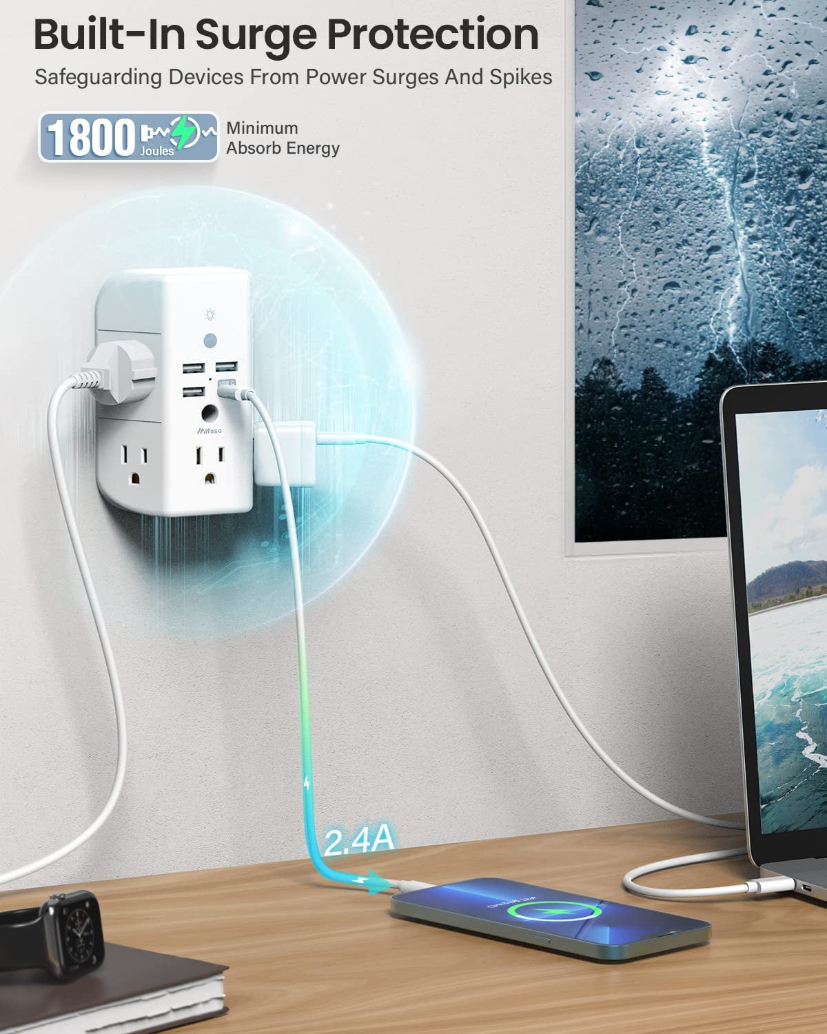 3-Sided Power Strip w/ Shelf & USB
