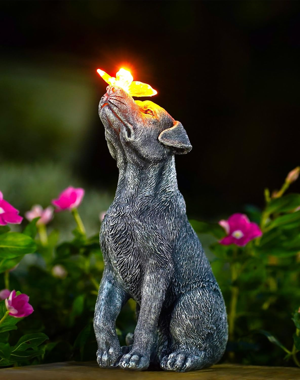 Solar Dog Statue with Butterfly Decor