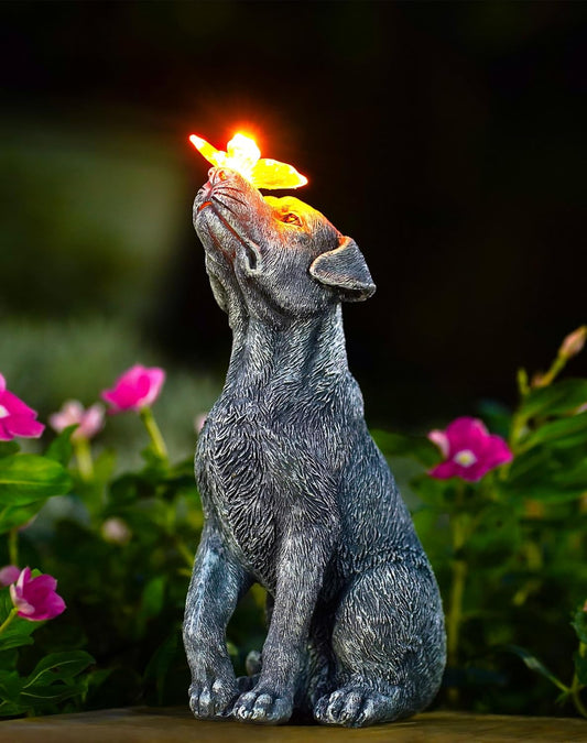 Solar Dog Statue with Butterfly Decor