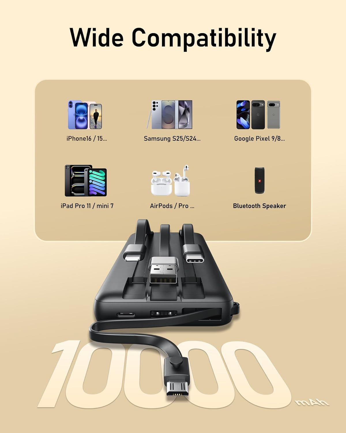 10000mAh Portable Charger w/ Built-In