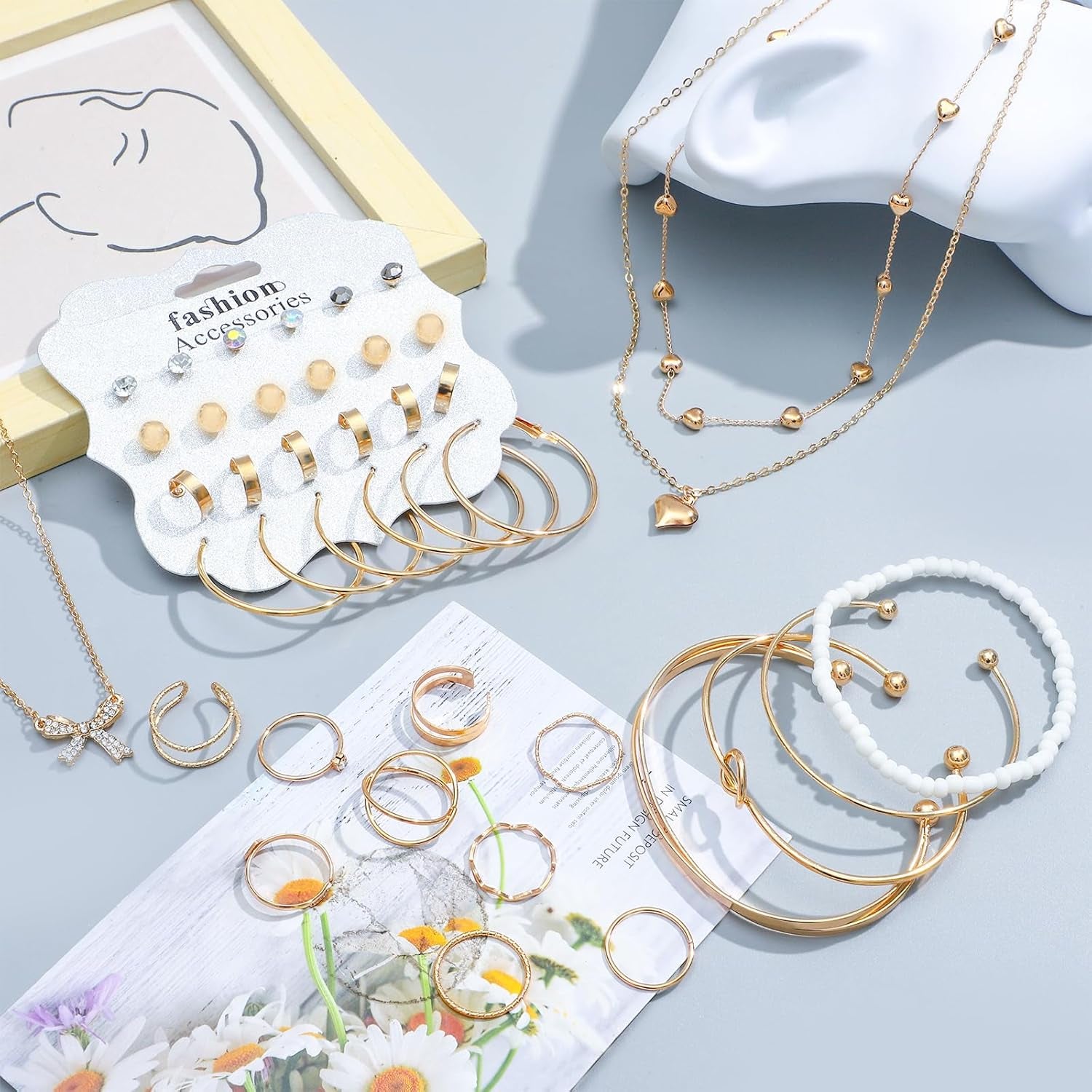 49Pcs Gold Plated Jewelry Set for Women