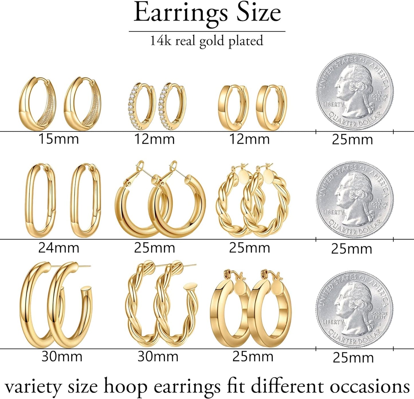 9 Pairs 14K Gold Plated Hoop Earrings