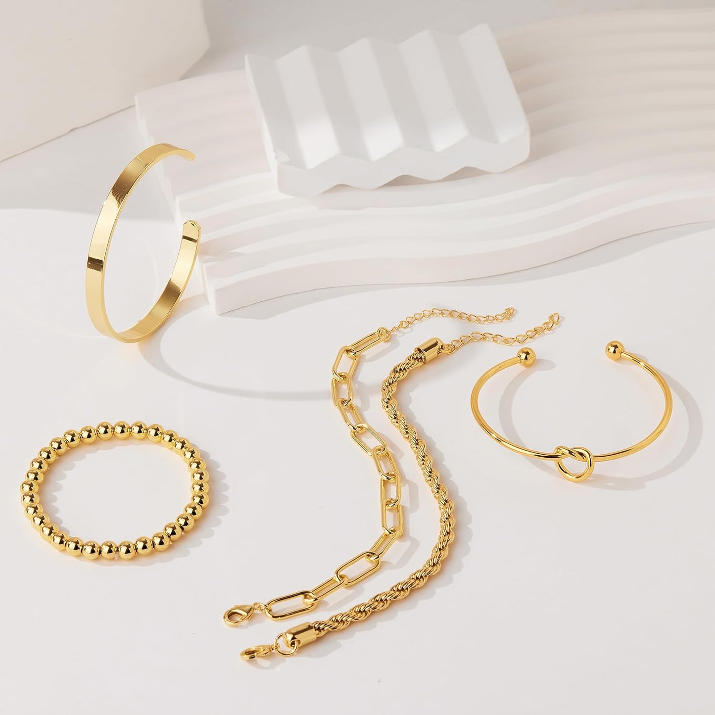 14K Gold Plated Chunky Cuff Bracelet Set