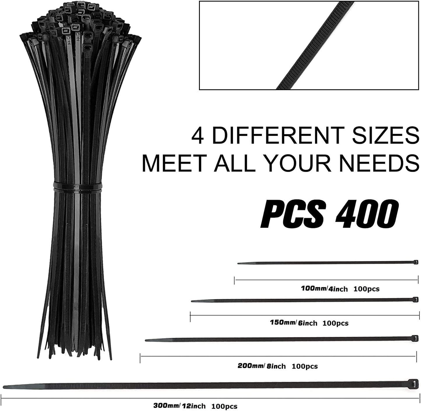 400 Pack Black Nylon Cable Zip Ties Set
