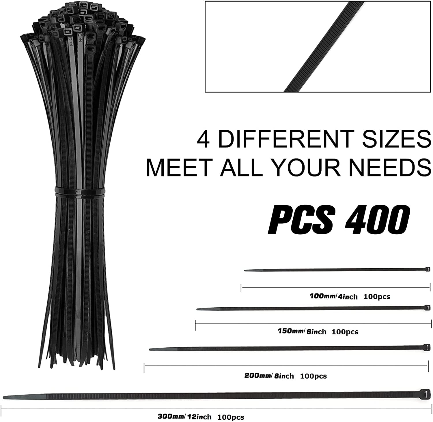 400 Pack Black Nylon Cable Zip Ties Set