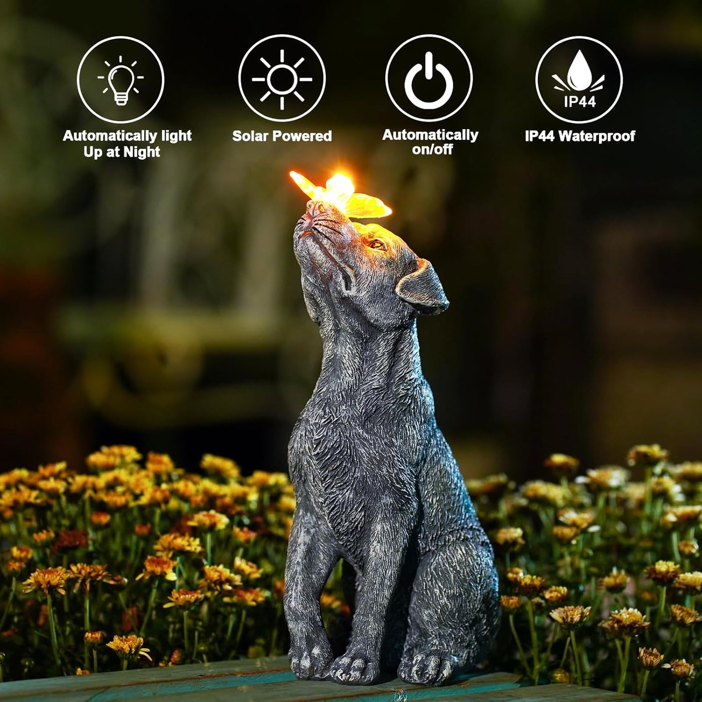 Solar Dog Statue with Butterfly Decor