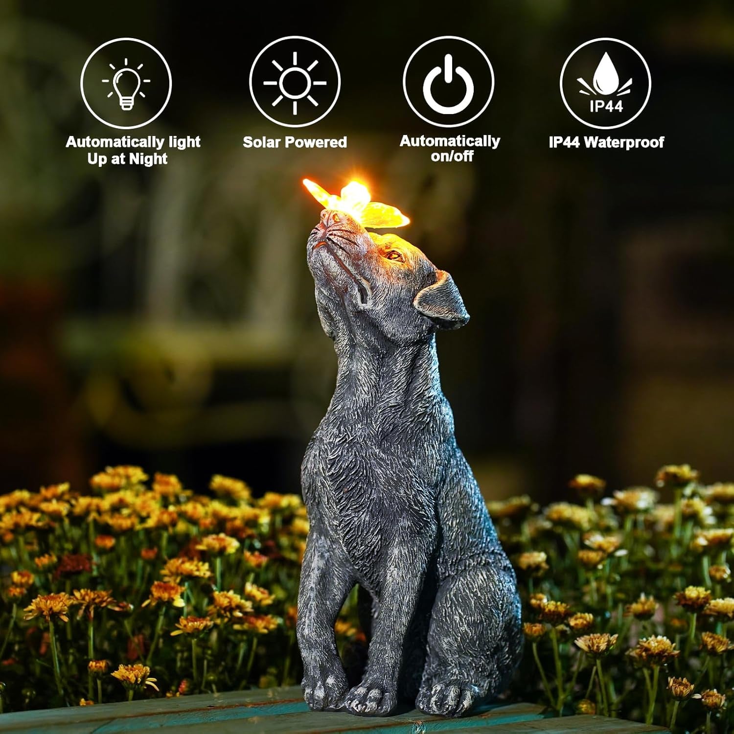 Solar Dog Statue with Butterfly Decor
