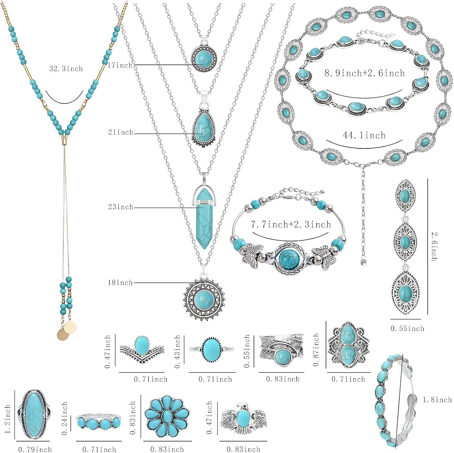20Pcs Silver Bohemian Turquoise Jewelry