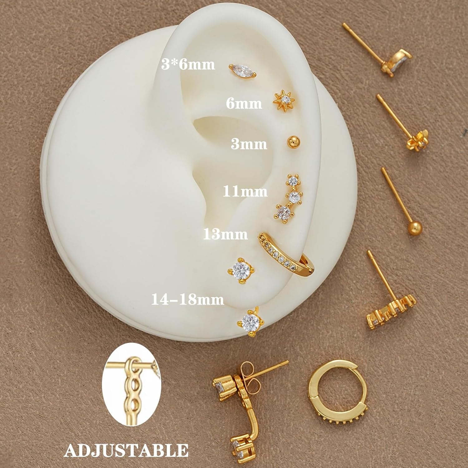 6 Pairs 14K Gold Plated Stud Earrings