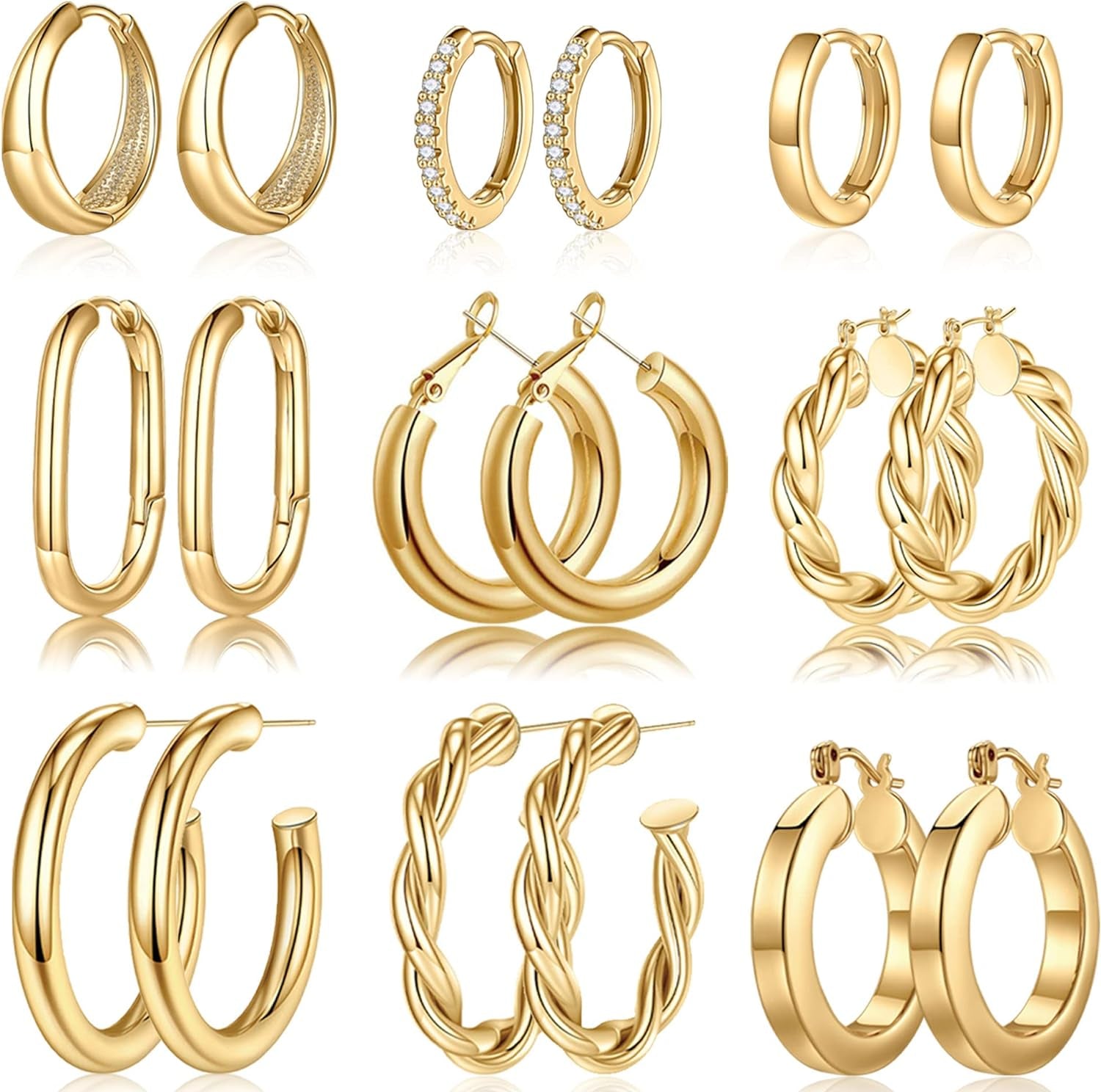 9 Pairs 14K Gold Plated Hoop Earrings