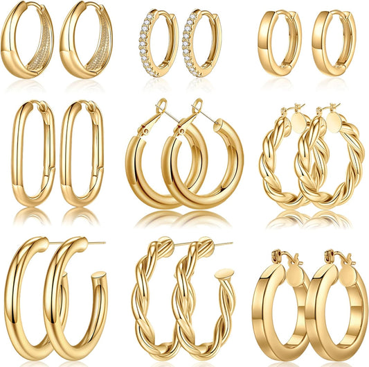 9 Pairs 14K Gold Plated Hoop Earrings