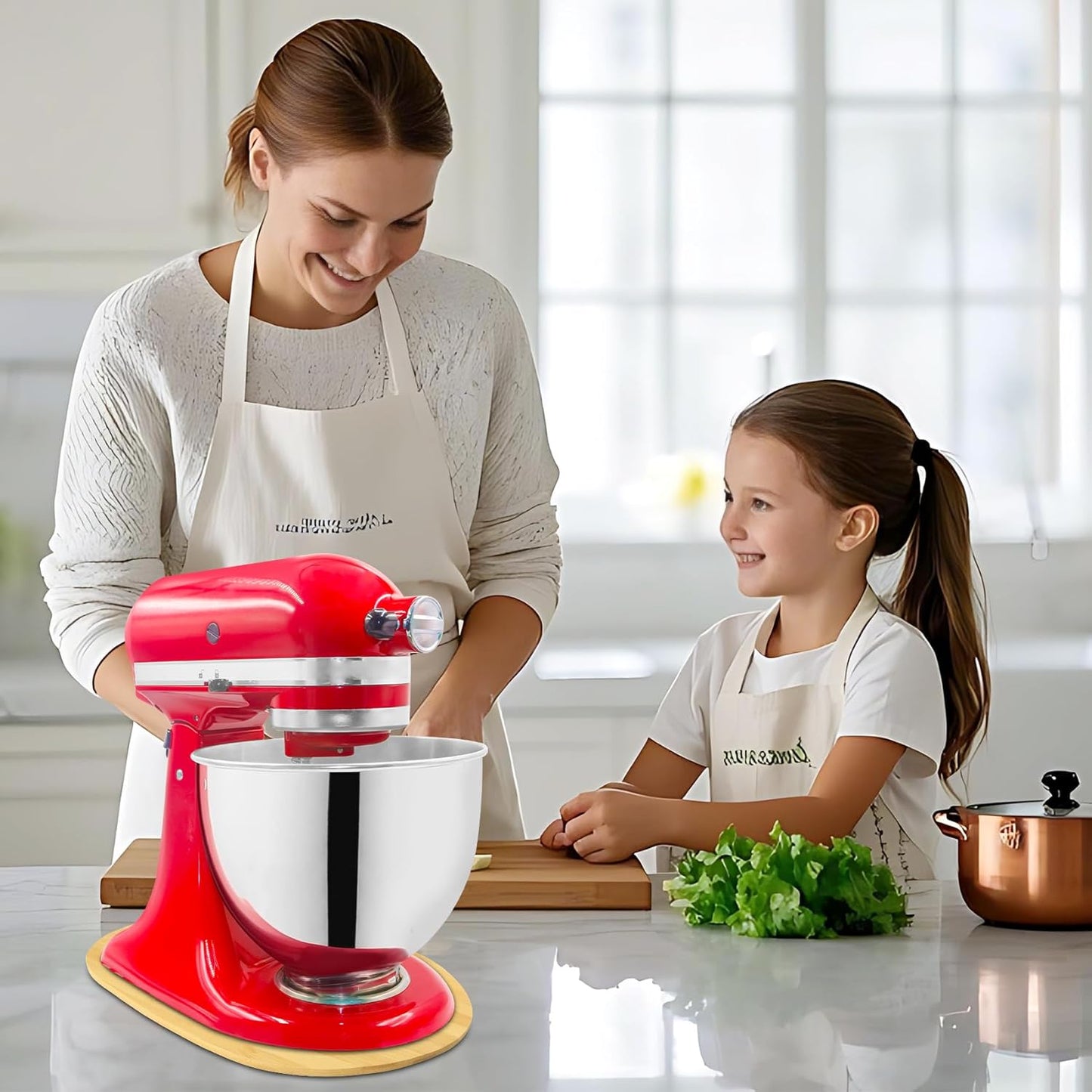 Sliding Mat for Kitchen Aid 4.5-5 Qt Stand Mixer with 1Pc Gourmet Bowl Scraper and 2Pcs Cord Organizer for Kitchen Appliance Slider (4.5-5 Qt 1Pc Silicone Dough Scraper and 2X Cord Organizer, Natural)