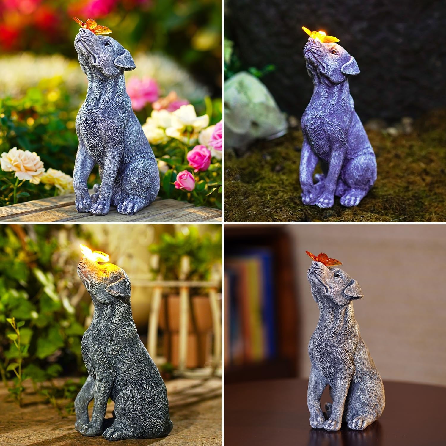 Solar Dog Statue with Butterfly Decor