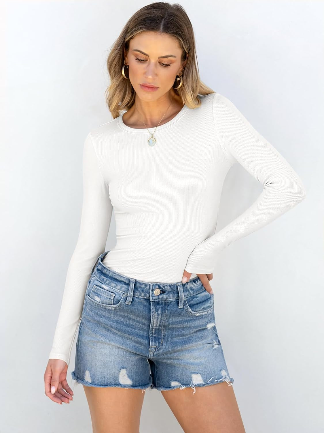 Women Long Sleeve Shirts Rib Knit