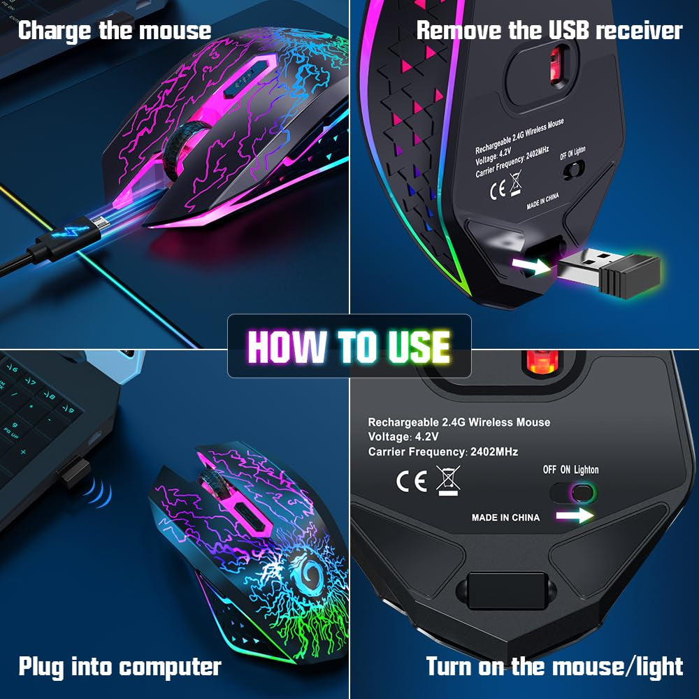 Wireless Gaming Mouse Rechargeable LED