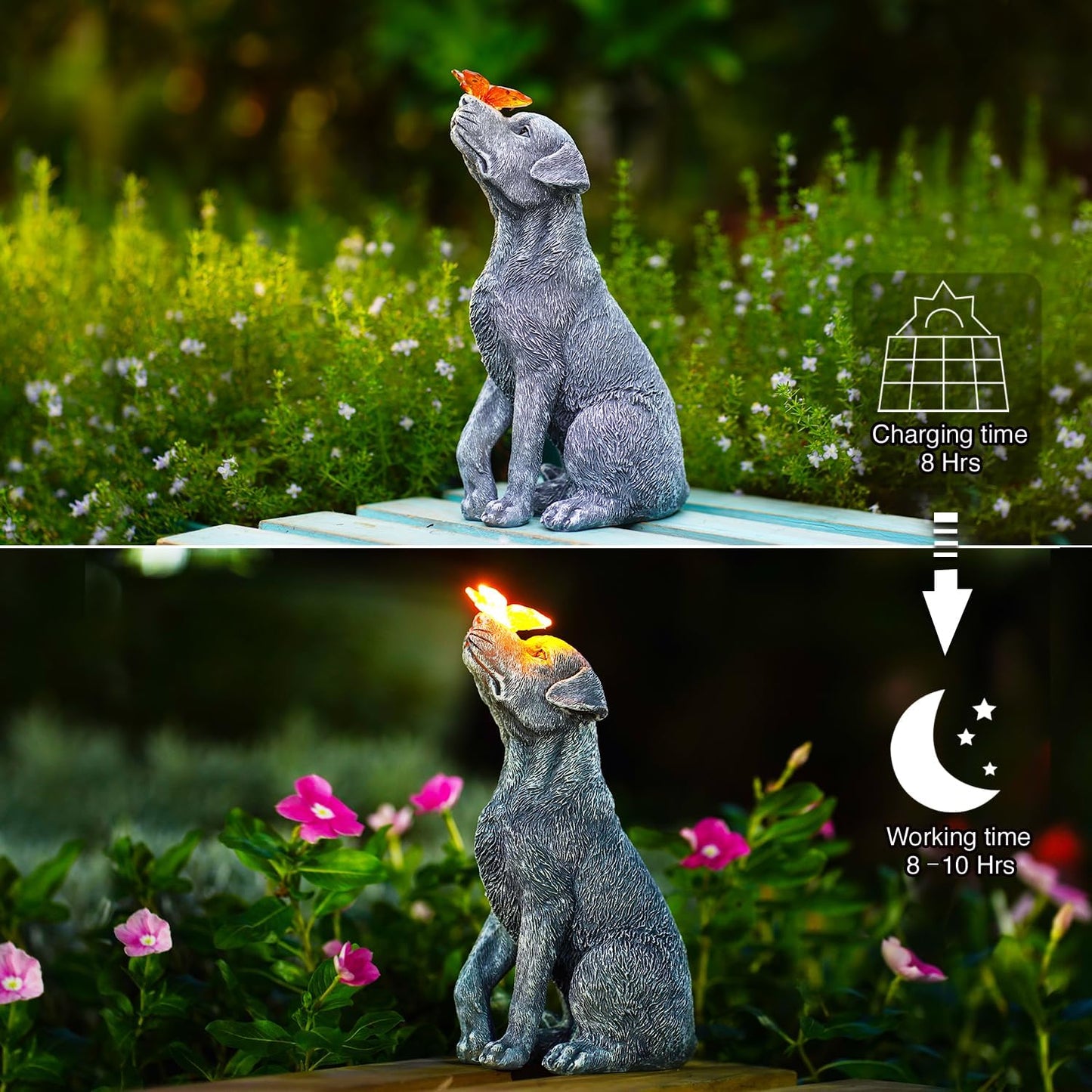 Solar Dog Statue with Butterfly Decor