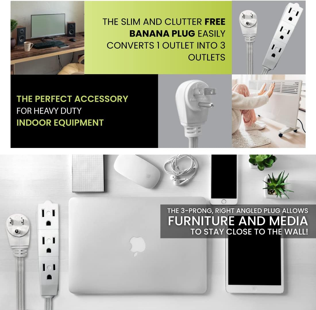 15Ft Extension Cord with 3 Outlets, White - Compact, Flush-Fit Design, Heavy Duty, Grounded Plug - Ideal for Home & Small Appliances - GG-19615