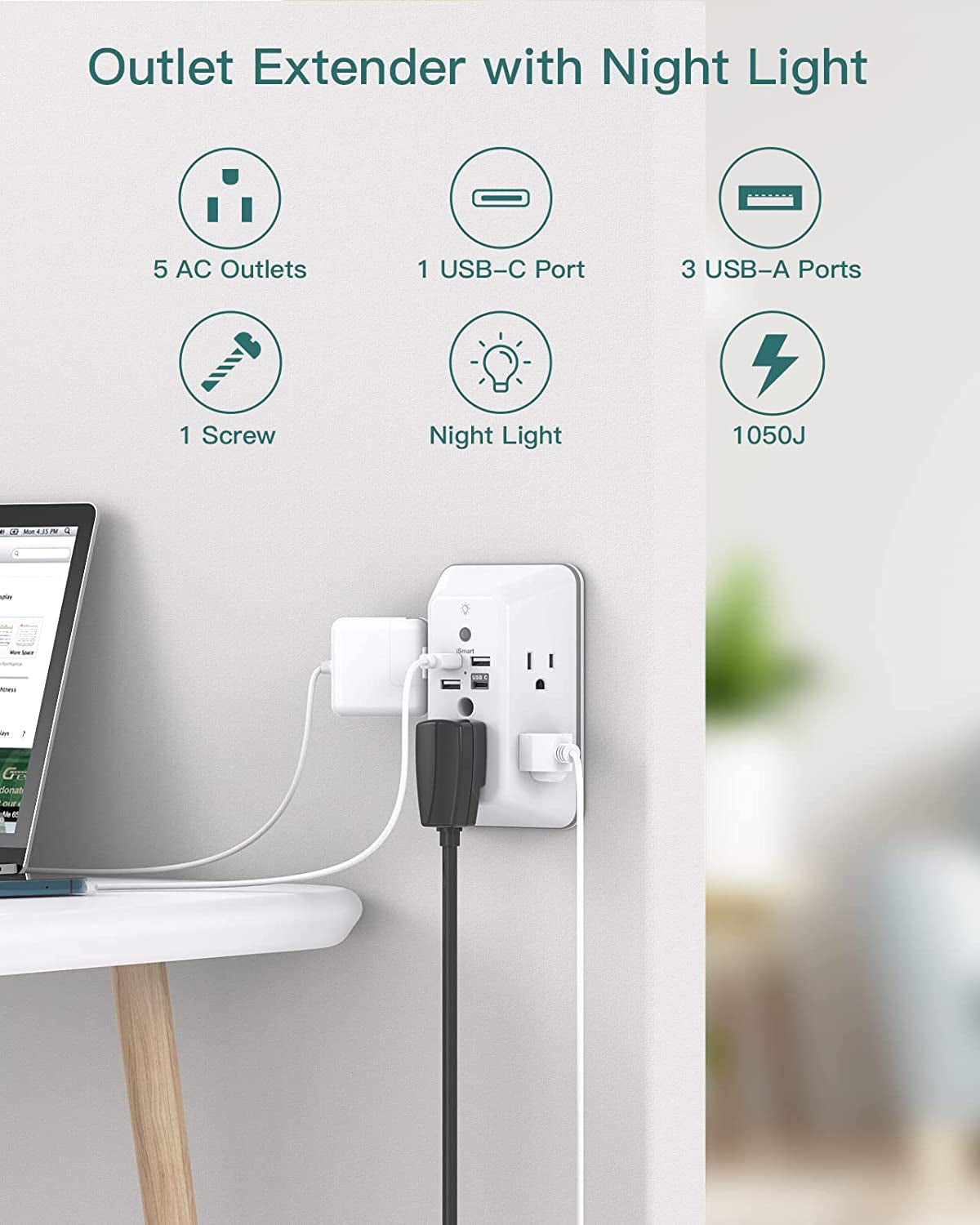 Surge Protector Outlet Extender w/ USB-C