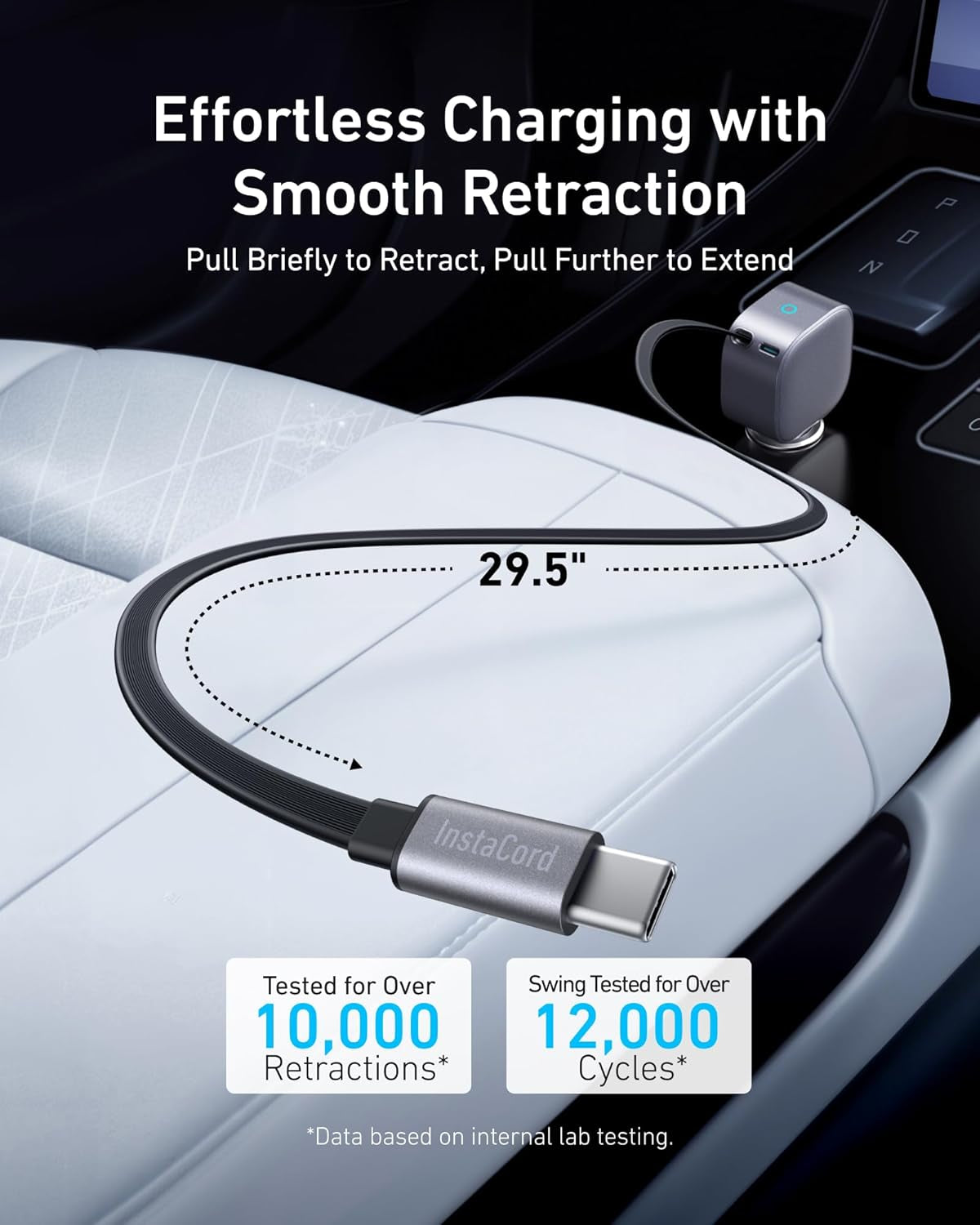 Retractable USB-C Car Charger, 75W Max Fast