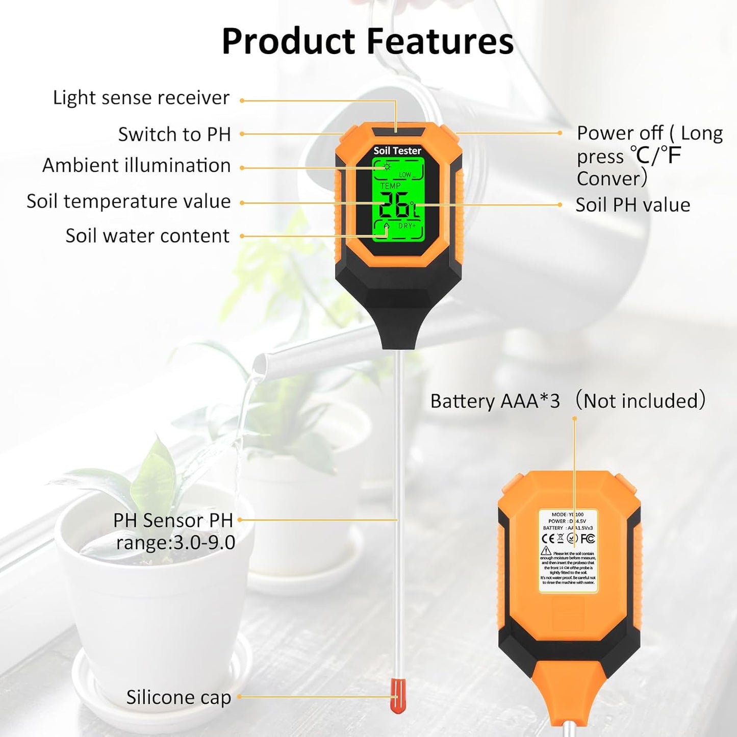 4-In-1 Soil Moisture Meter Digital PH Meter
