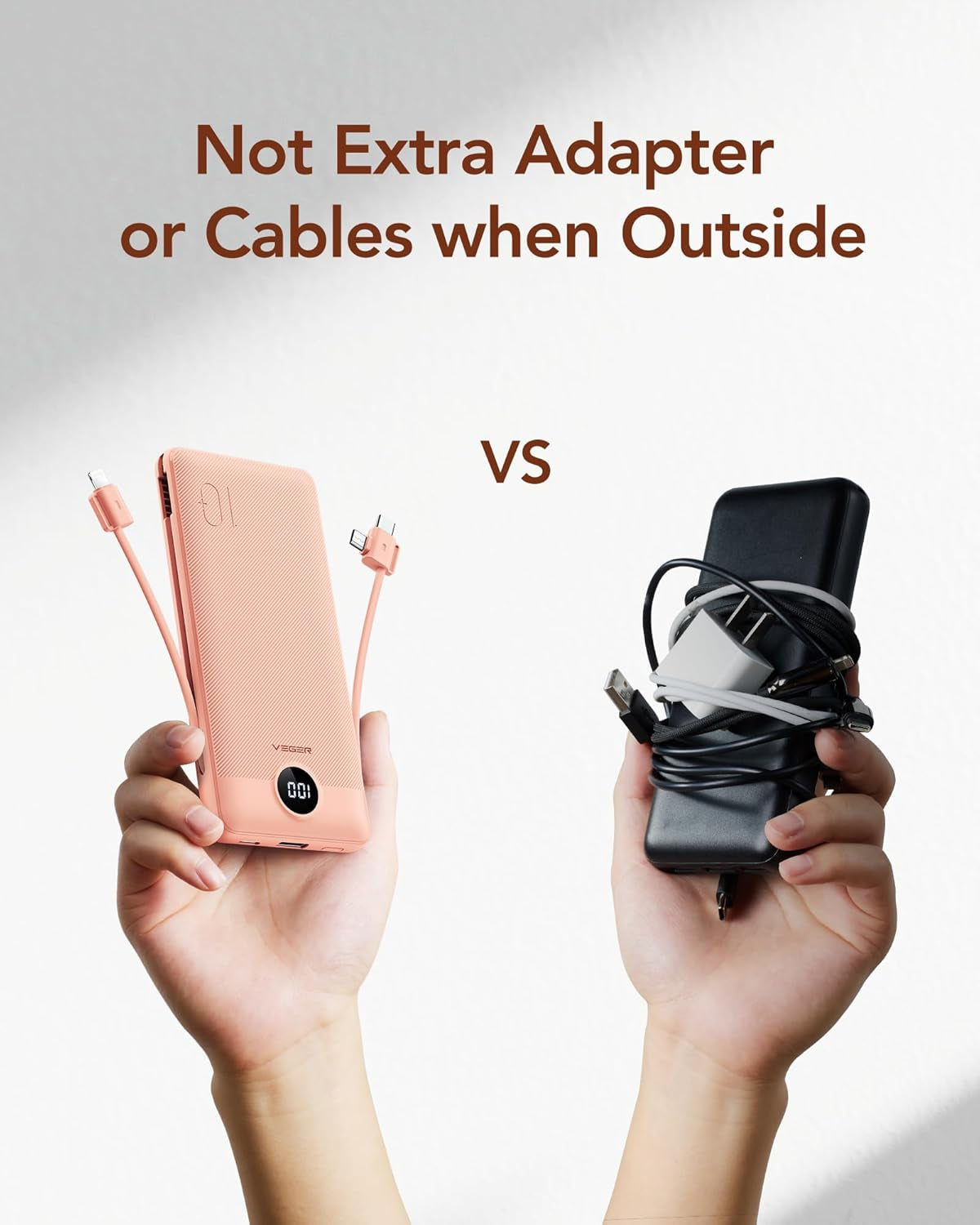 Portable Charger with Built-In AC Plug and Cables