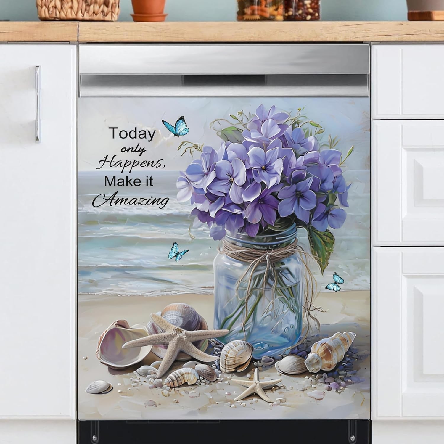 Vase Flowers Dishwasher Magnet Cover, Spring Summer Floral Butterfly Stickers Kitchen Decor, Beach View Starfish Shells Inspiring Quotes Home Appliances Magnetic Panel Decals 23X26