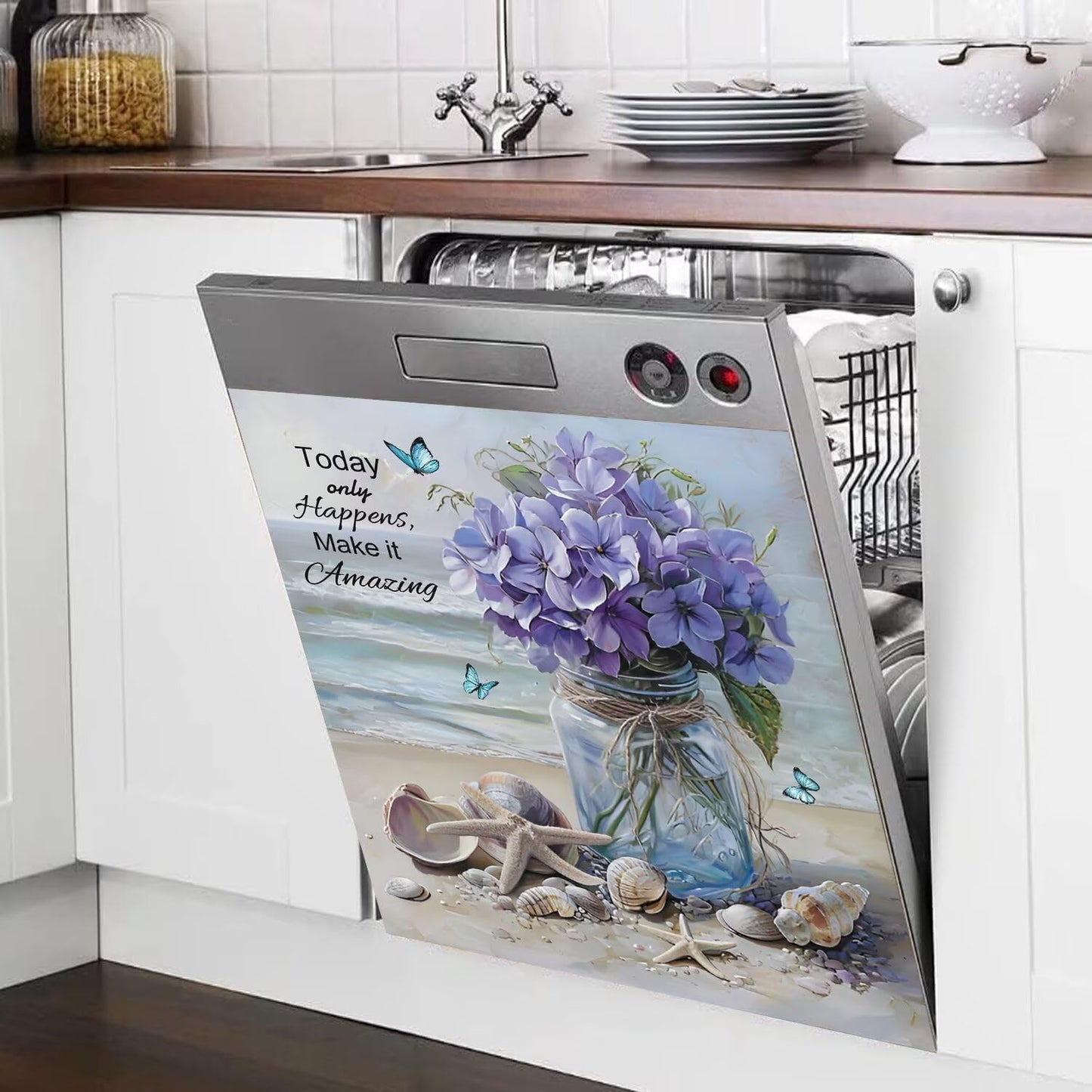 Vase Flowers Dishwasher Magnet Cover, Spring Summer Floral Butterfly Stickers Kitchen Decor, Beach View Starfish Shells Inspiring Quotes Home Appliances Magnetic Panel Decals 23X26