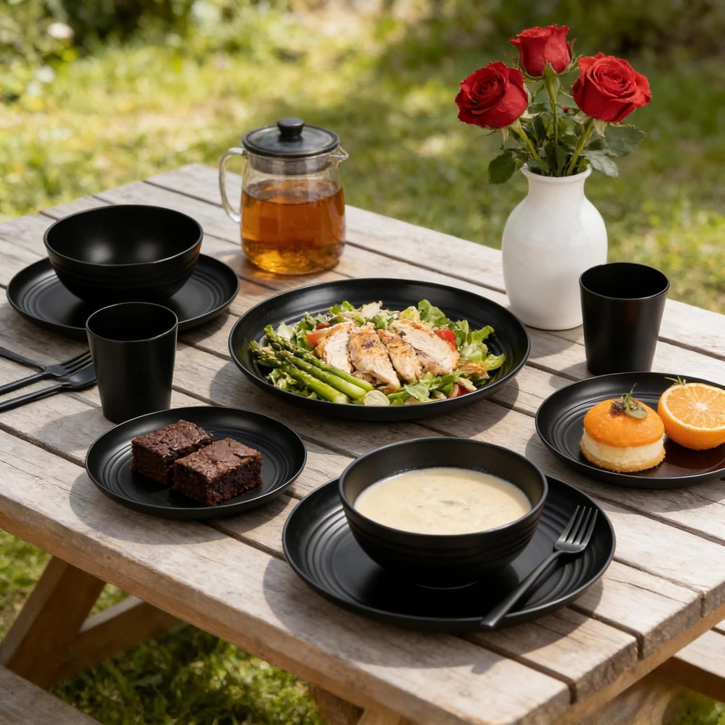 Wheat Straw Dinnerware Sets,Plates and Bowls Set, Dish Sets for 8, Unbreakable Plate for 8 Dishwasher Safe,Reusable Dinnerware Black-16Pcs Plates, 8Pcs Bowls, 8Pcs Cups.