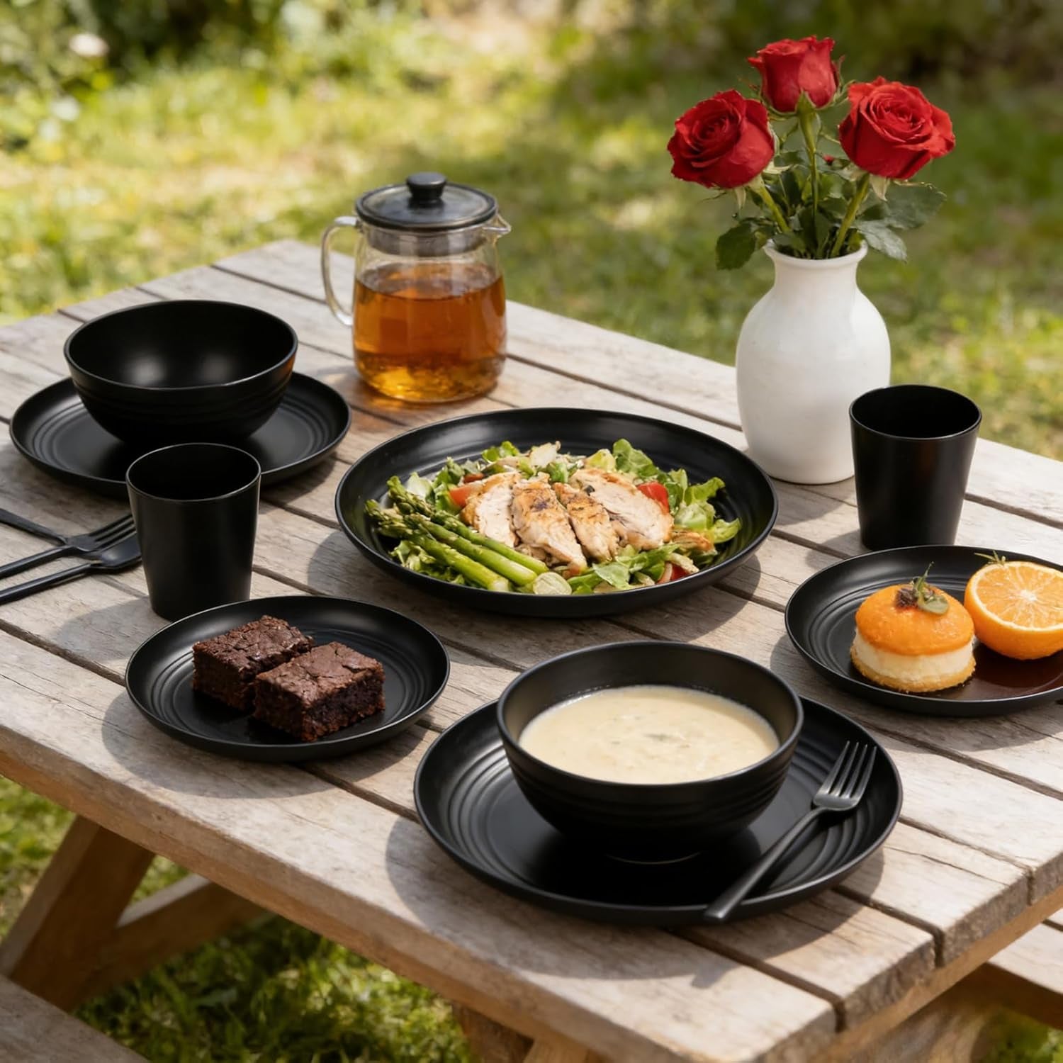 Wheat Straw Dinnerware Sets,Plates and Bowls Set, Dish Sets for 8, Unbreakable Plate for 8 Dishwasher Safe,Reusable Dinnerware Black-16Pcs Plates, 8Pcs Bowls, 8Pcs Cups.