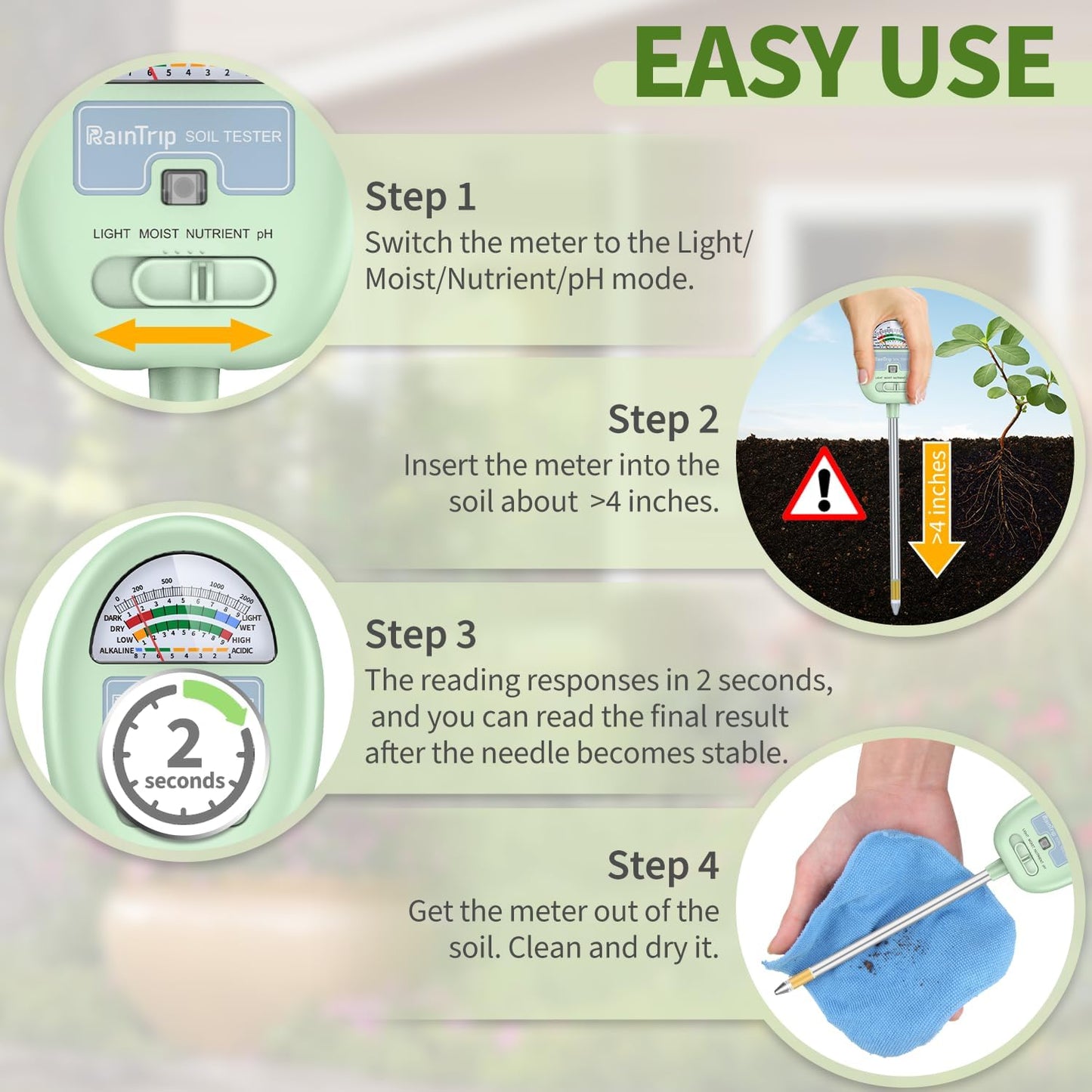 Soil Moisture Meter,4-In-1 Soil Ph Meter
