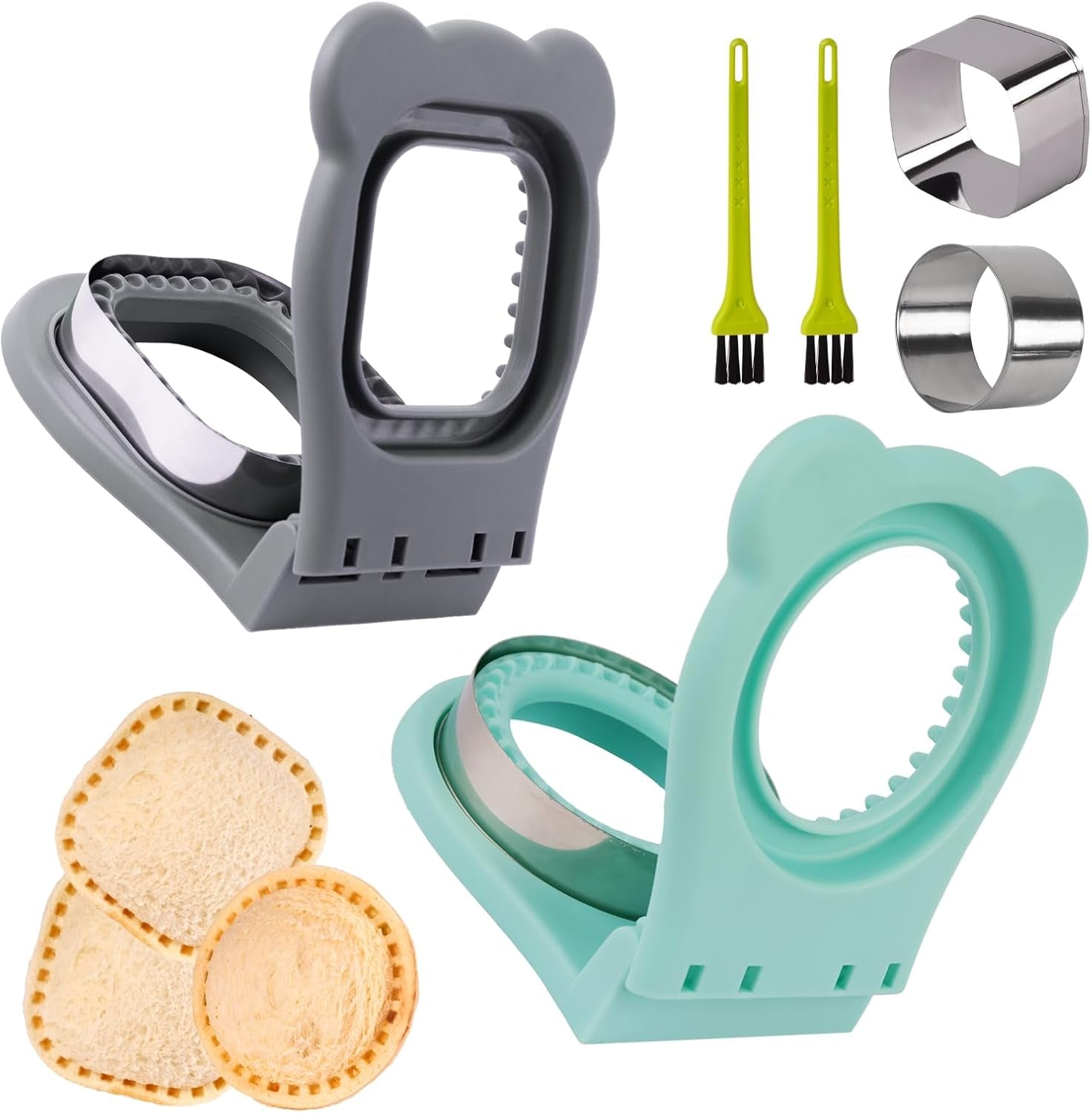 Uncrustables Sandwich Maker Sealer Cutter, Crustless Sandwich Cutter, PB&J Uncrustable Maker - Grey Square Shape + Blue round Shape