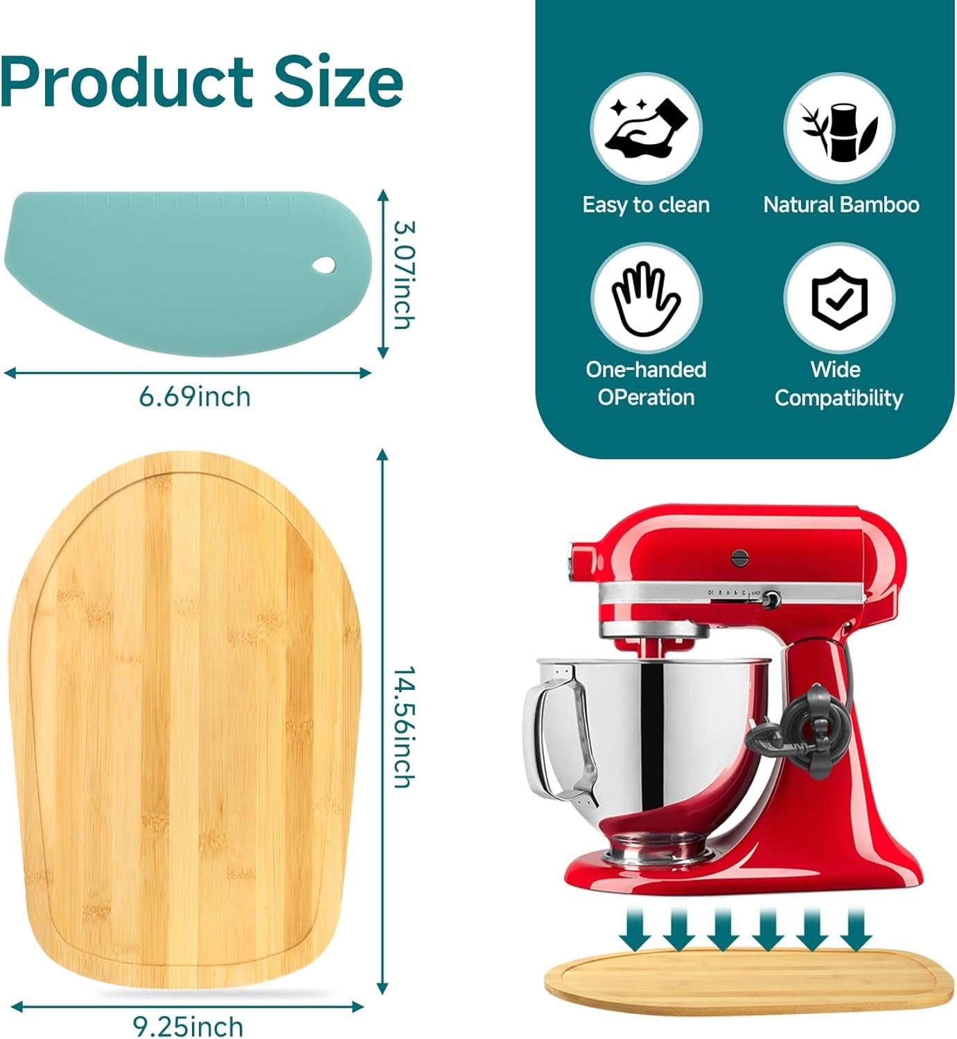 Sliding Mat for Kitchen Aid 4.5-5 Qt Stand Mixer with 1Pc Gourmet Bowl Scraper and 2Pcs Cord Organizer for Kitchen Appliance Slider (4.5-5 Qt 1Pc Silicone Dough Scraper and 2X Cord Organizer, Natural)