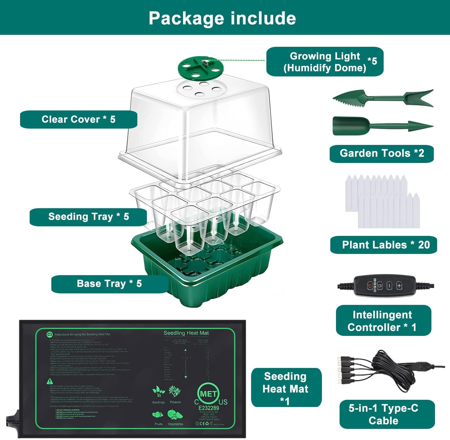 Seed Starter Tray with Heat Mat and Grow Light