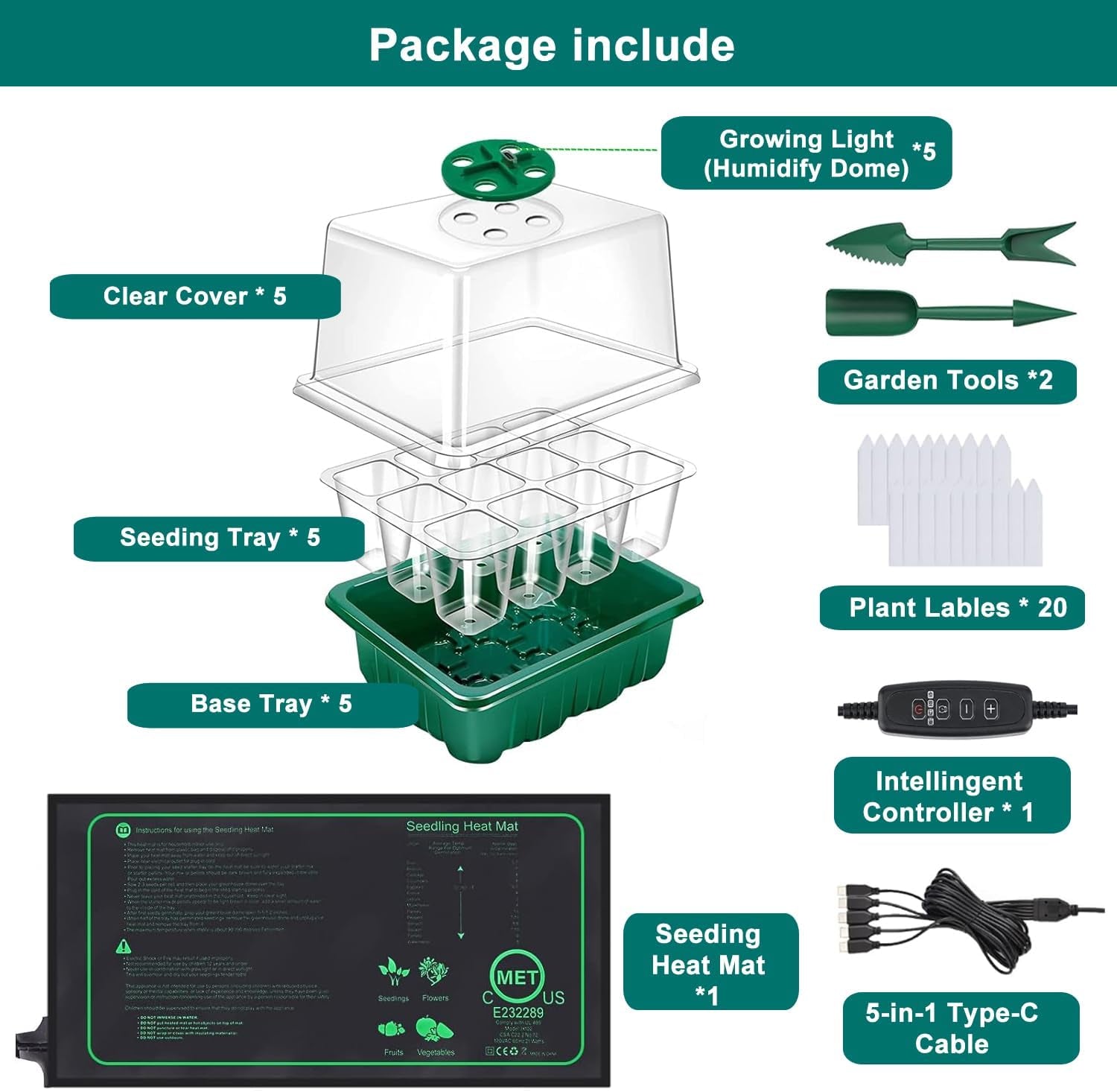 Seed Starter Tray with Heat Mat and Grow Light